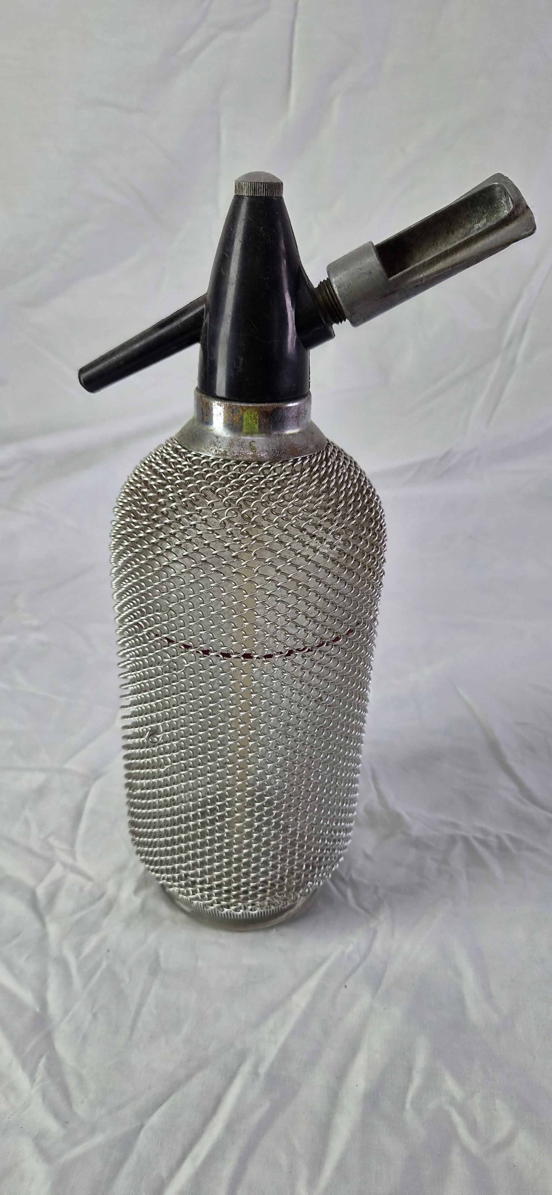 Vintage soda syphon with chrome mesh - bulb holder included, retro barware