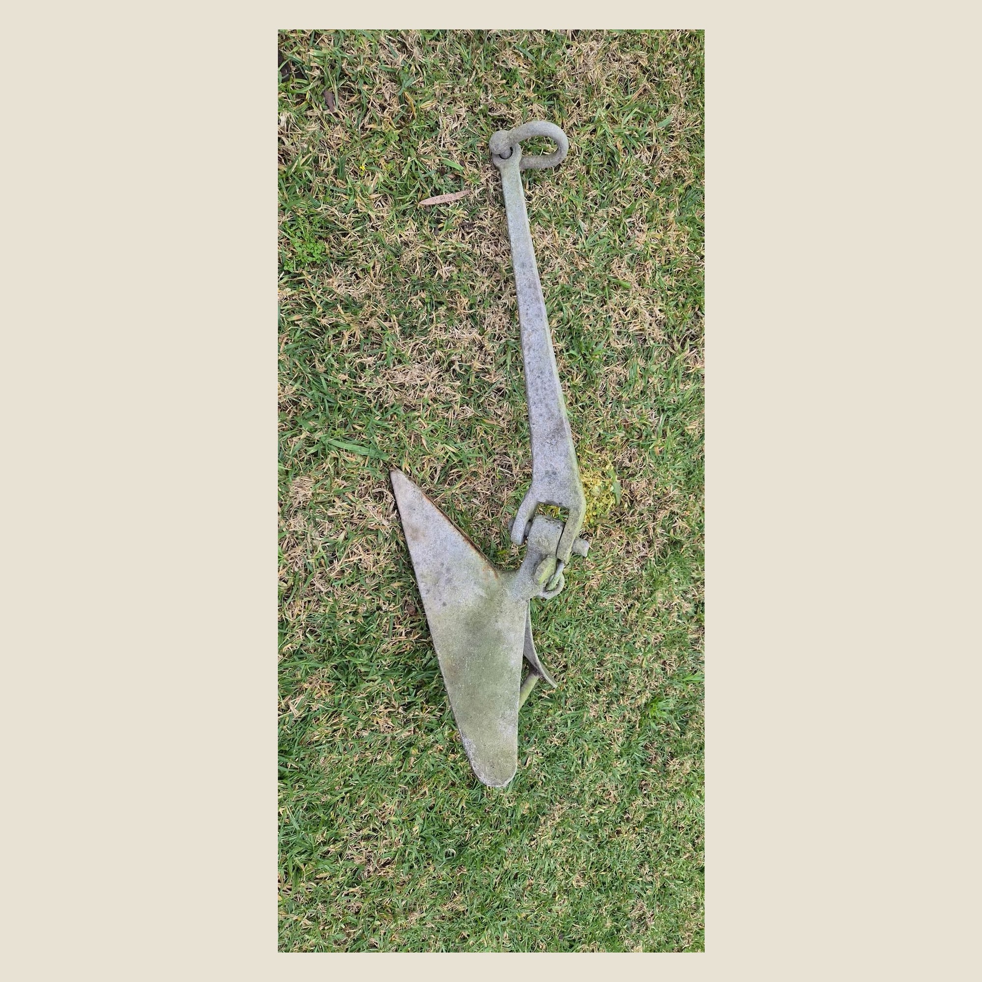 Galvanised plough anchor (CQR style) with bow shackle, hinged shank