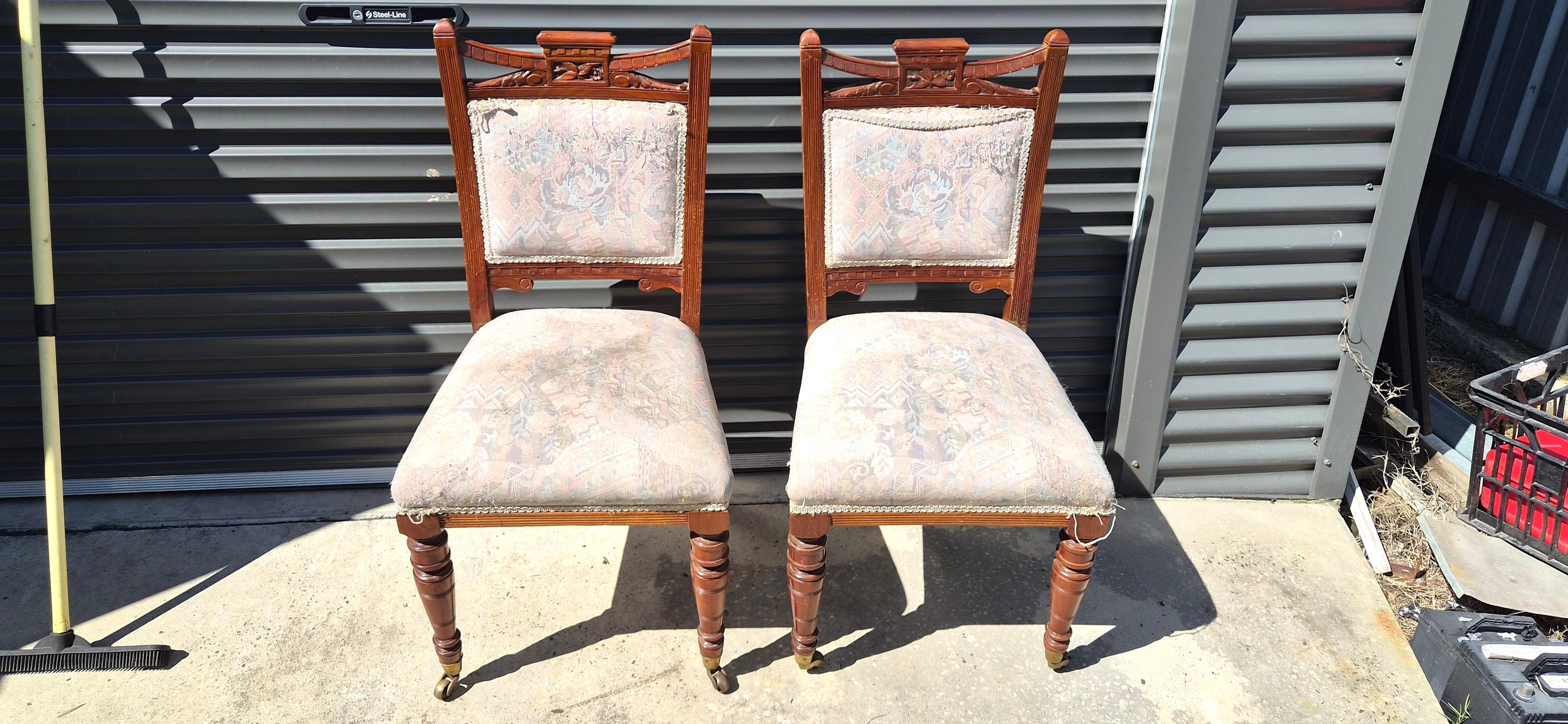 Pair of Edwardian carved parlour chairs c.1900 - original castors, reupholstery project