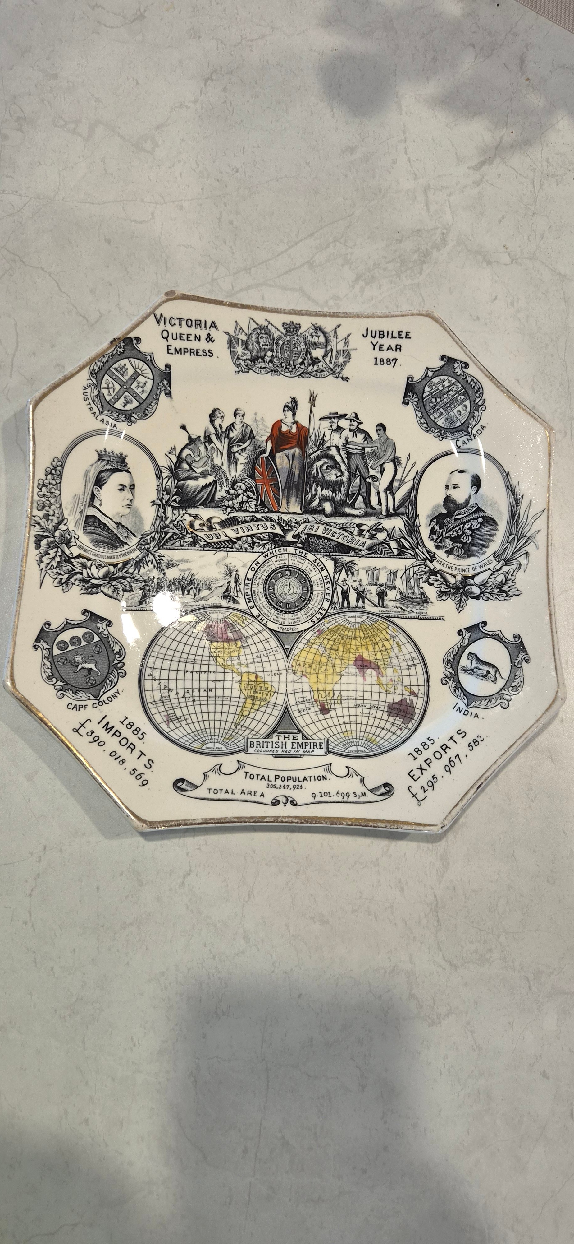 1887 Queen Victoria Golden Jubilee "British Empire" octagonal plate - Wallis Gimson, Rd No. 63164