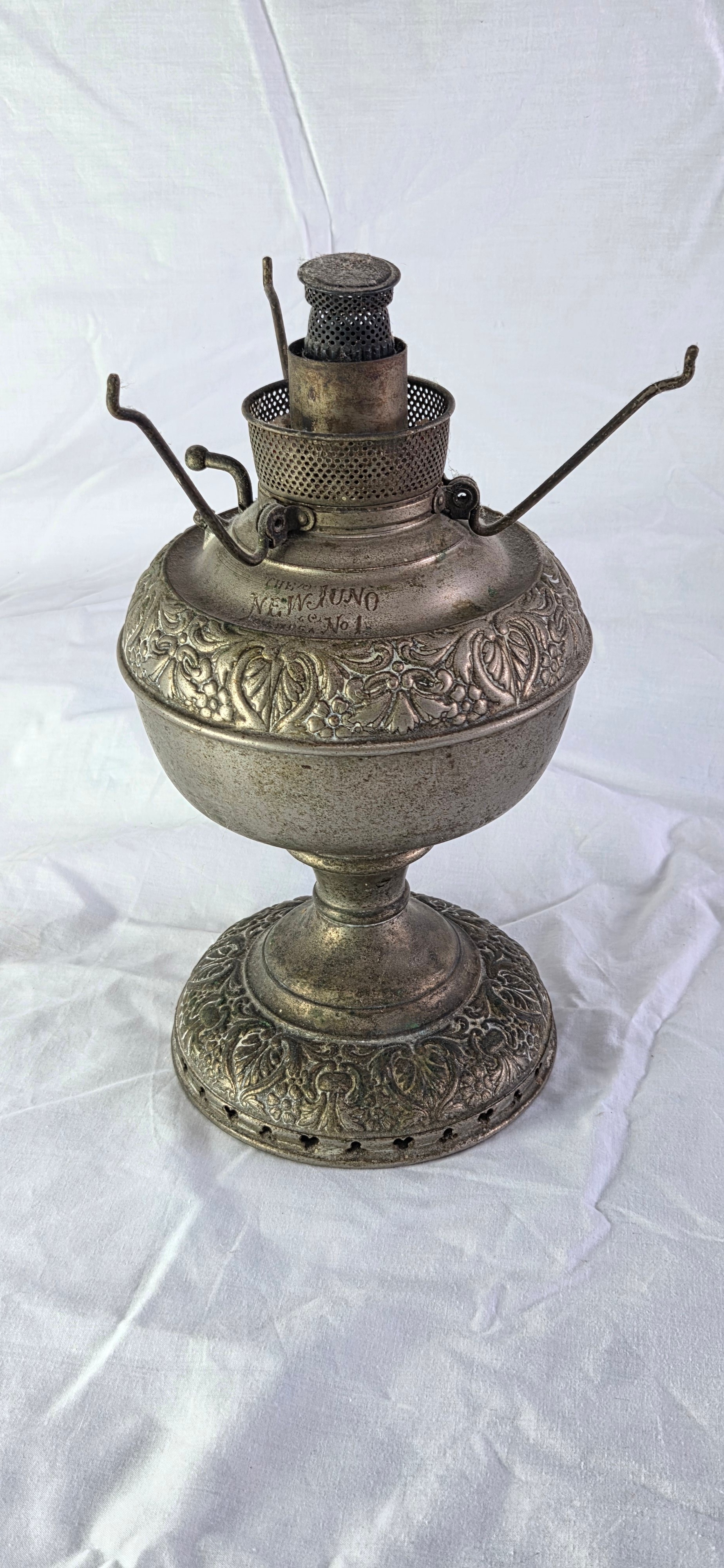 Antique Miller "New Juno No. 1" oil lamp c.1890s - embossed nickel, original burner